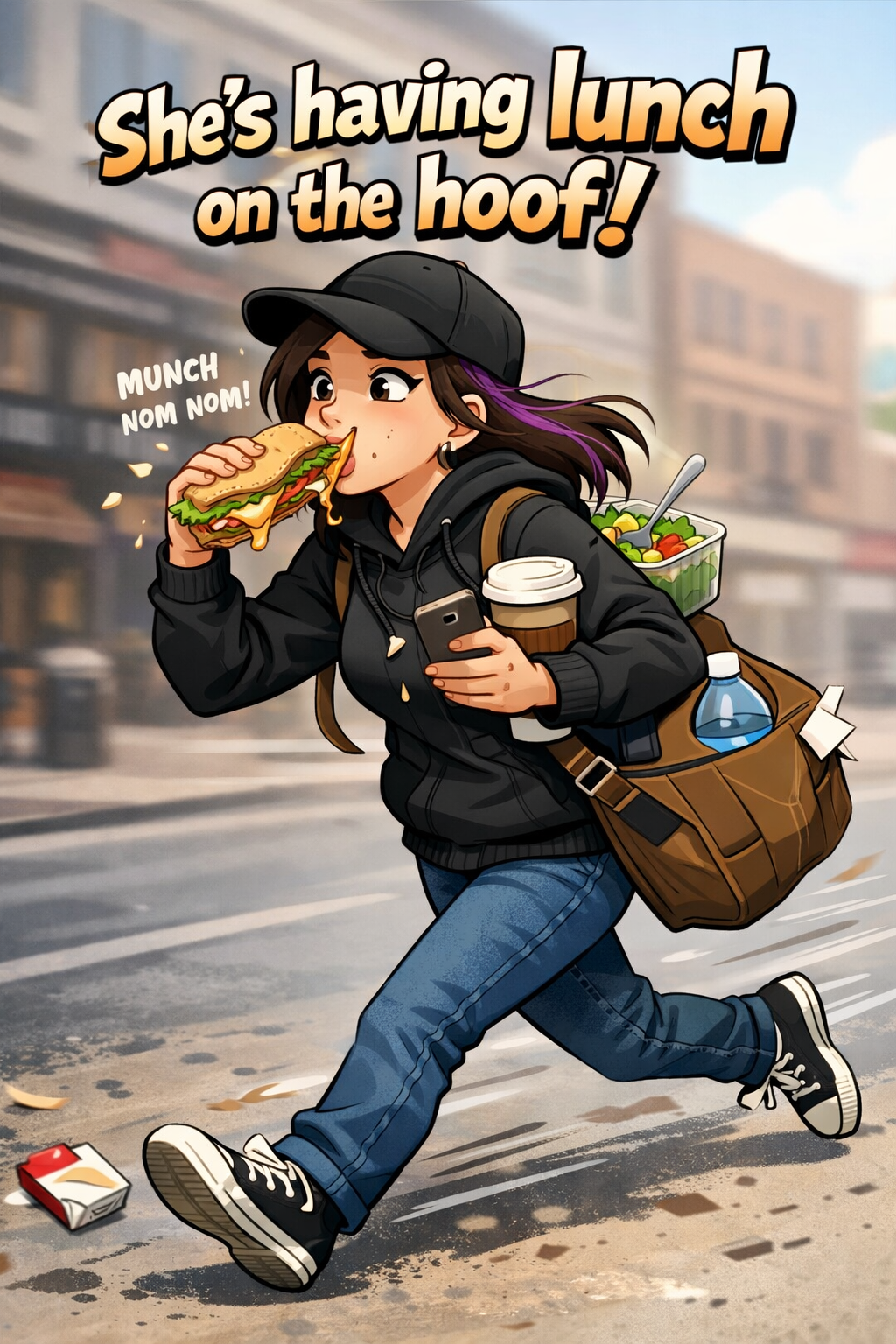 A girl walking on the street and eating at the same time